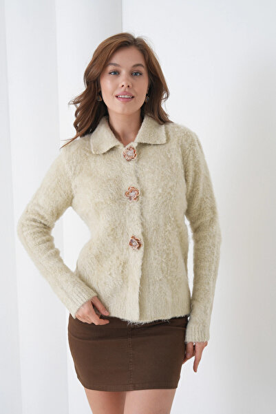 Park Karon Women's Polo Neck Stone Rose Button Detailed Wrinkled Soft Textured Knitwear Jacket