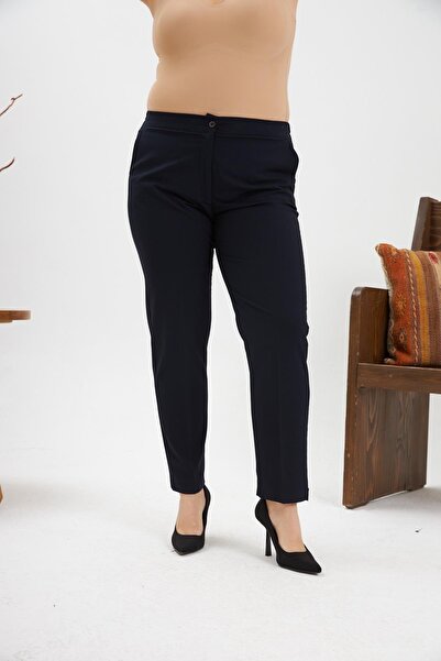 RMG Elastic Waist Leg Mini Slit Large Size Navy Blue Fabric Trousers