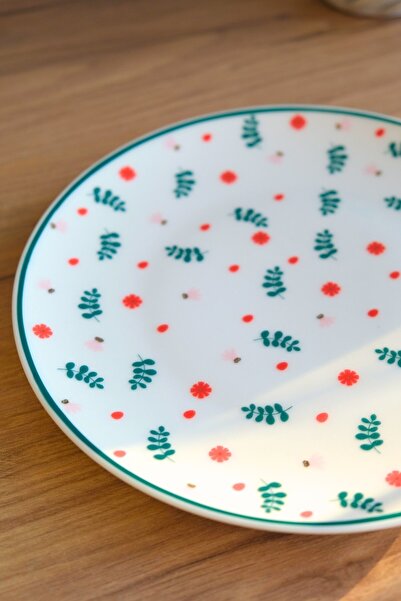 tabakevi Tabak Evi Porcelain Green Floral Cake Plate with Green Net 20.50cm