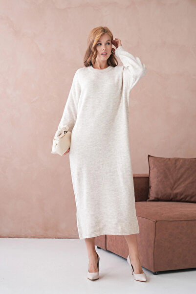 Park Karon Women's Crew Neck Soft Textured Maxi Size Fleece-Lined Oversized Knitwear Dress 8324Sw