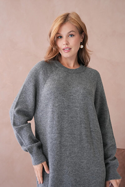 Park Karon Women's Crew Neck Soft Textured Maxi Size Fleece-Lined Oversized Knitwear Dress 8324Sw