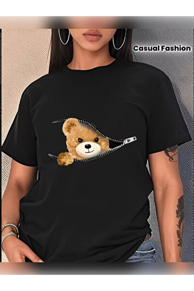 TİMİSİVA Tricou unisex supradimensionat AYICIK cu imprimeu guler rotund cu mâ...