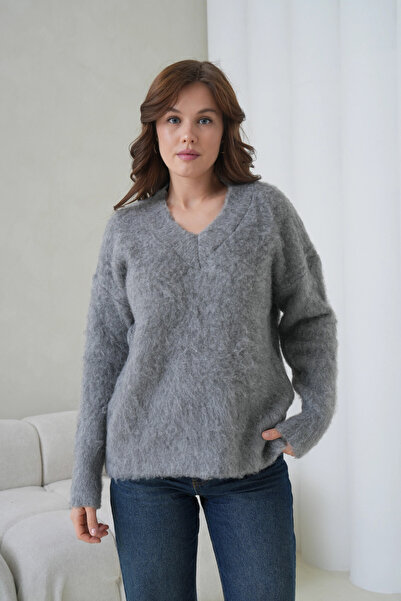 Park Karon Women's V-Neck Beard Textured Fleece-Lined Oversized Knitwear Sweater 8695