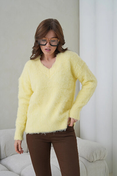 Park Karon Women's V-Neck Beard Textured Fleece-Lined Oversized Knitwear Sweater 8695