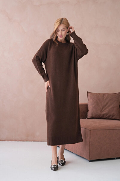Park Karon Women's Crew Neck Soft Textured Maxi Size Fleece-Lined Oversized Knitwear Dress 8324Sw