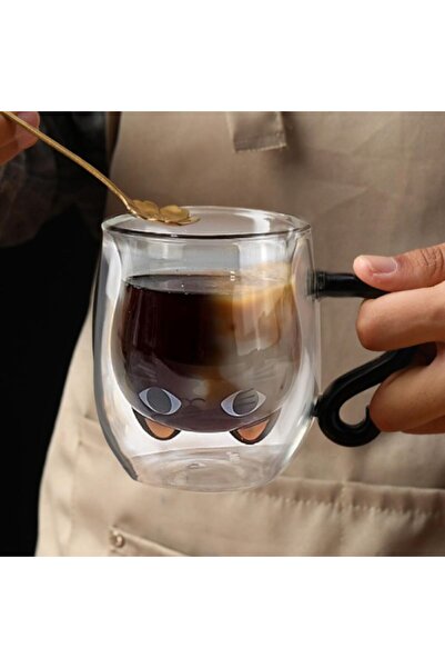 Hediye Rüzgarı Double Wall Glass Cup with Cat Figure – 330 ml Coffee & Tea Cup