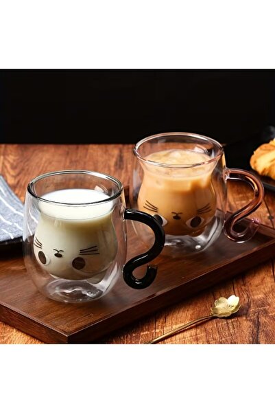Hediye Rüzgarı Double Wall Glass Cup with Cat Figure – 330 ml Coffee & Tea Cup