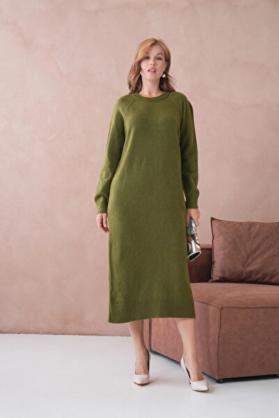 Park Karon Women's Crew Neck Soft Textured Maxi Size Fleece-Lined Oversized Knitwear Dress 8324Sw