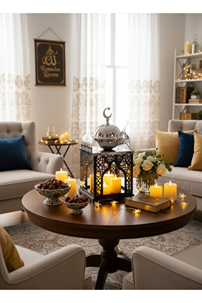 Living فانوس رمضان إسلامي أسود مع مبخرة فضية