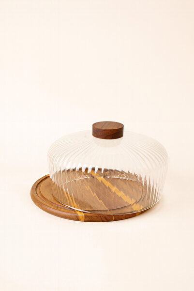 Mirilliahome Acacia Base Glass Cake Pan | 25 cm & 28 cm Stylish Presentation Serving with Lid