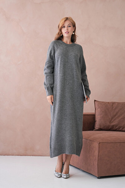 Park Karon Women's Crew Neck Soft Textured Maxi Size Fleece-Lined Oversized Knitwear Dress 8324Sw