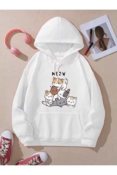 LAYORA Cartoon Cats Printed Kangaroo Pocket Hooded Sweatshirt,