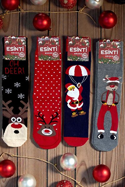 Esinti 4 ζευγάρια χριστουγεννιάτικες κάλτσες unisex με πολύχρωμα σχέδια δώρο Πρωτοχρονιάτικο σετ μακριές κάλτσες για άνδρες γυναίκες