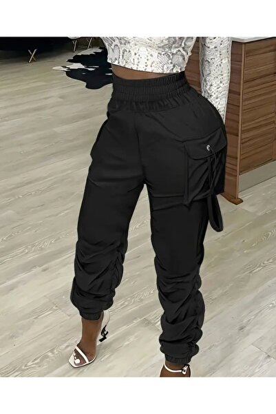buğrahayalin Women's High Waist Elastic Waist Cargo Pocket Detailed Gabardine Trousers