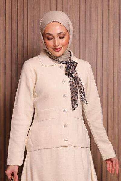 Mogi Butik Women's Tight Knit Polo Neck Cardigan with Skirt Hijab Knitwear Set 3137