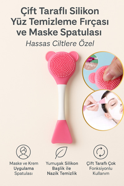 Hane Dostu Çift Taraflı Silikon Yüz Temizleme Fırçası ve Maske Spatulası – Ci...