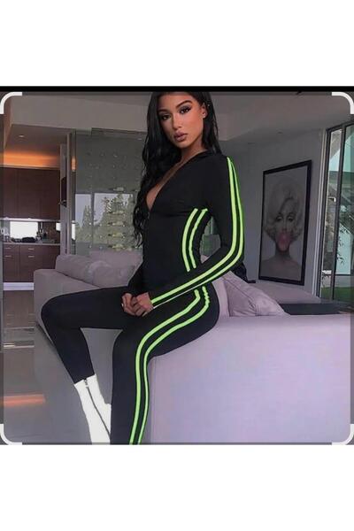 ANATOLIATEKSTILE Black sports jumpsuit with zipper and side stripes - shaping, long sleeve