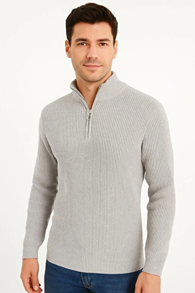 Olmira Store Men's Half-Zip Knit Sweater – Thessaloniki Knitwear, Stand Collar, Cotton Woven, Regular Fit Long Sleeve