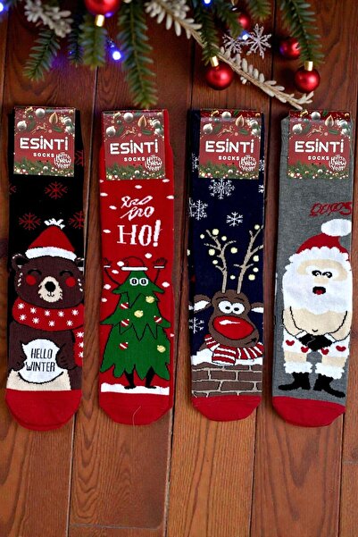 Esinti 4 Pairs Unisex Christmas Socks Colorful Patterned Gift New Year Men Women Long Socks Set