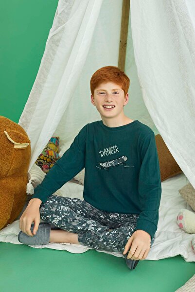 Aydoğan Boy's Waiter Green Fleece Pajama Set Long Sleeve - 240884- Aydogan ®