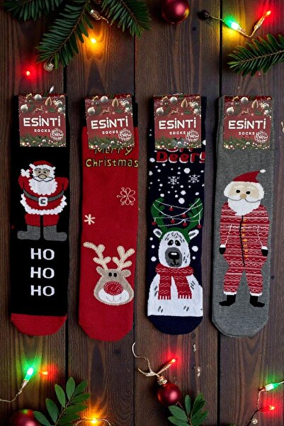 Esinti 4 чифта унисекс коледни чорапи с цветни мотиви, подарък за Нова година, комплект дълги чорапи за мъже и жени