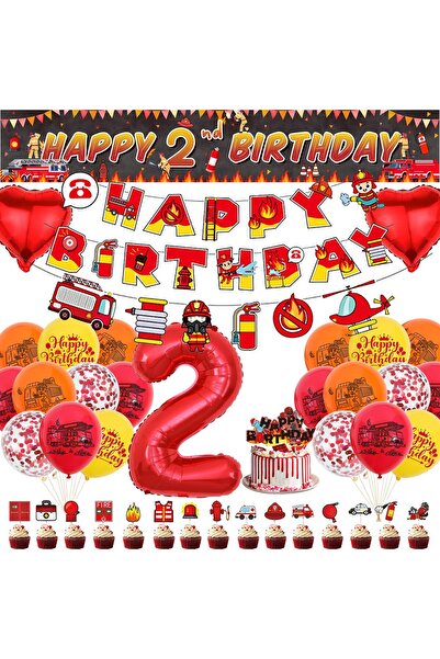 OEM Birthday party for a 2 year old boy, with firefighters, balloons, garland and cake decoration, textile banner