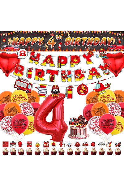 OEM Birthday party for a 4 year old boy, with firefighters, balloons, garland and cake decoration, textile banner
