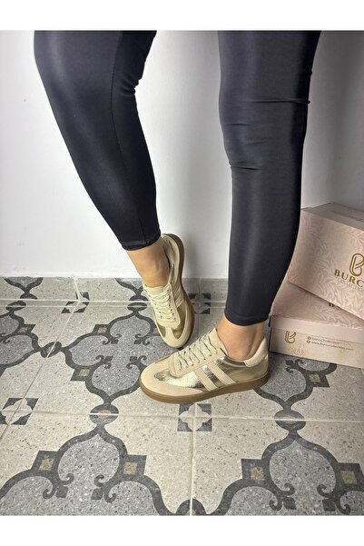 BURCU COLLECTİON Paula Lace-Up Golden Sports Shoes