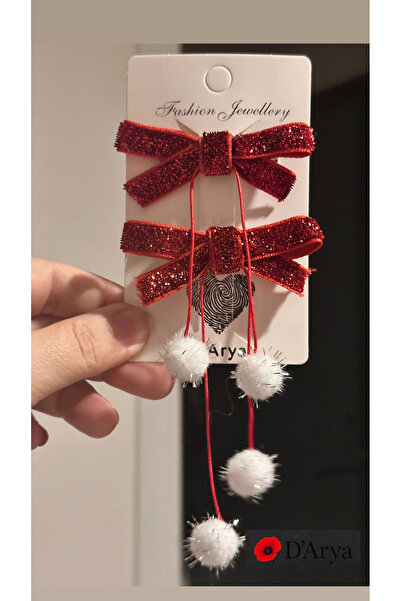 Darya DD646 Kırmızı Simli Kurdele Beyaz Pon Pon Saç Tokası Seti (2’li)