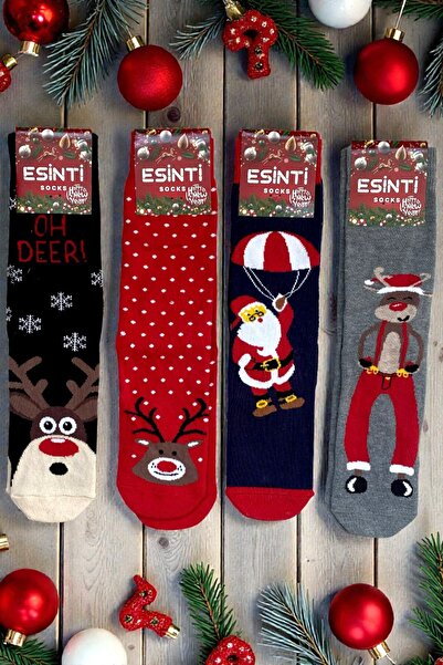Esinti 4 ζευγάρια χριστουγεννιάτικες κάλτσες unisex με πολύχρωμα σχέδια δώρο Πρωτοχρονιάτικο σετ μακριές κάλτσες για άνδρες γυναίκες
