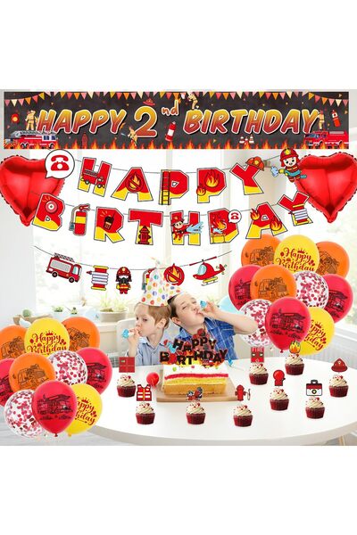 OEM Birthday party for a 2 year old boy, with firefighters, balloons, garland and cake decoration, textile banner