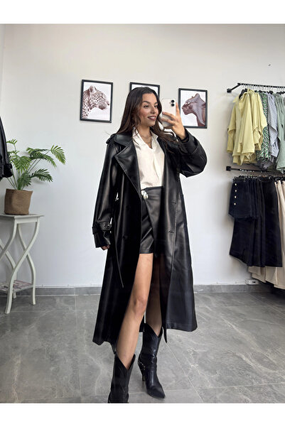 BS Siyah Deri Trençkot