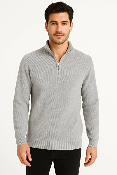 Olmira Store Men's Half-Zip Knit Sweater – Thessaloniki Knitwear, Stand Collar, Cotton Woven, Regular Fit Long Sleeve