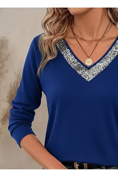 JANES Γυναικεία μπλούζα με μακρύ μανίκι V με γιακά από βισκόζη