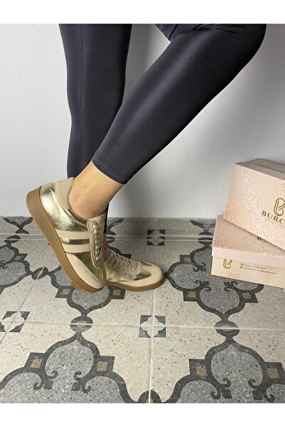 BURCU COLLECTİON Paula Lace-Up Golden Sports Shoes
