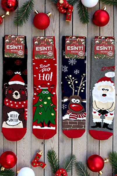 Esinti 4 Pairs Unisex Christmas Socks Colorful Patterned Gift New Year Men Women Long Socks Set