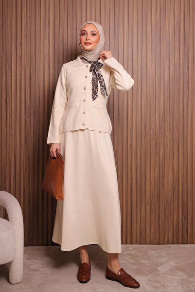 Mogi Butik Women's Tight Knit Polo Neck Cardigan with Skirt Hijab Knitwear Set 3137