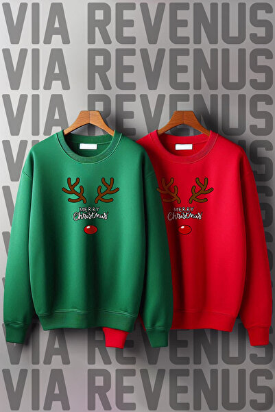 Vordevia Merry Christmas Deer New Year Christmas Printed Crew Neck 3 Thread Ş Fleece-Lined Lover Combination Sweatshirt