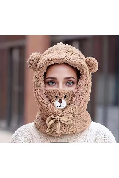 zyc Plush Beanie Hat with Cute Teddy Bear Detail and Neck Collar