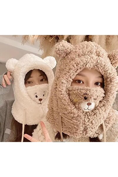 zyc Plush Beanie Hat with Cute Teddy Bear Detail and Neck Collar