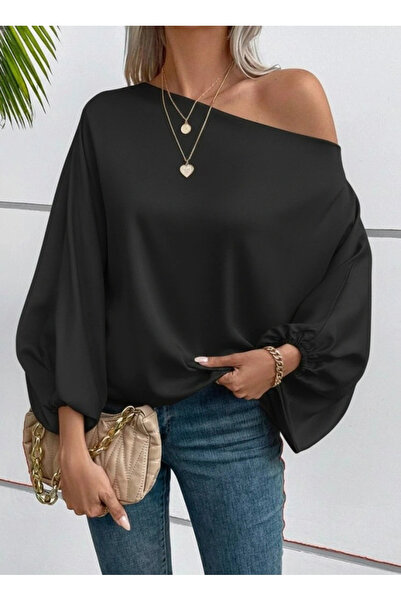 Moda Ebrar Γυναικεία μπλούζα με ένα μακρυμάνικο μανίκι με ανοιχτό ώμο, χαλαρή μπλούζα Sandy