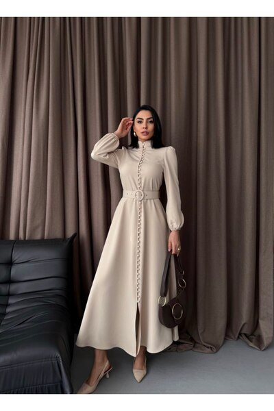 MSN Atlas Fabric Thick Inner-Lined Button Detailed Turtleneck Dress (Belt Included)-Beige-2511