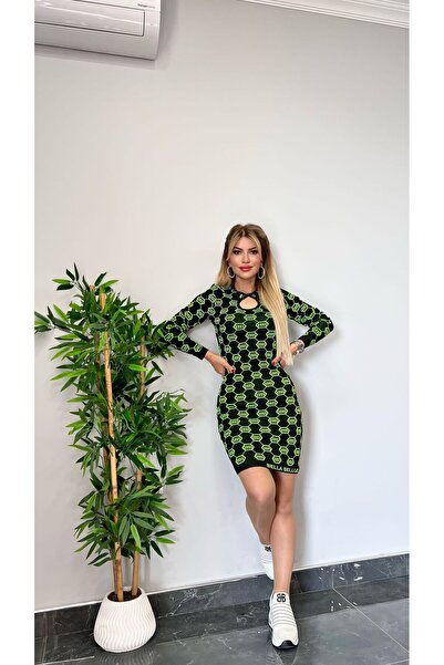 Bella Belluci Stretchy Fabric Shiny Stone Printed Long Sleeve Black Knitwear Dress with Green Logo 2023