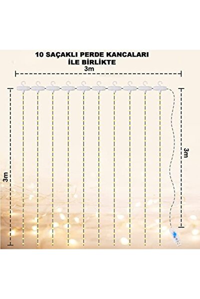 STOREMAX modashine 3x3 Metre Led Kumandalı Perde Asma Kancalı Led Yılbaşı Led Gün Işığı Led Işık 8 Modlu Part