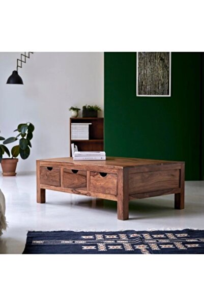ViraHome Ahşap ve Metal Dekorasyon Winchester Masif Ahşap Çekmeceli Orta Sehpa