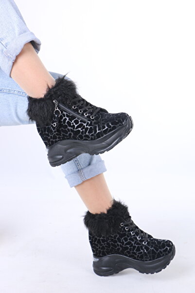 lolyvibe حذاء شتوي نسائي من DNR مبطن بالقطيفة باللون الأسود المخملي بنقشة الف...