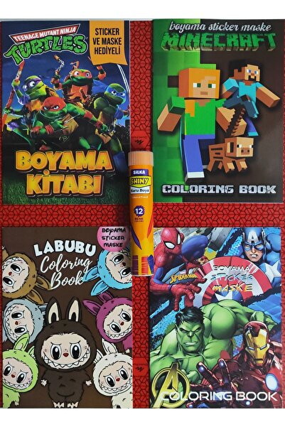 ada çanta kırtasiye 4 adet stickerli boyama kitabı ve 12 li tüp kuru boya kal...
