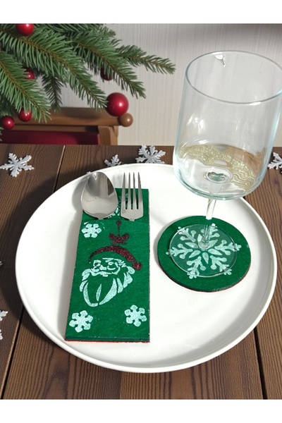 Home Yılbaşı Sofrası ( Dekoratif Keçe Kaşıklık, Çatallık, Bardak altlıklı) Noel Baba 2li set