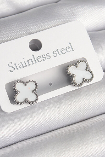 Skygo 316L Steel Silver Color White Clover Model Women's Earrings - Tj-Bkp10200