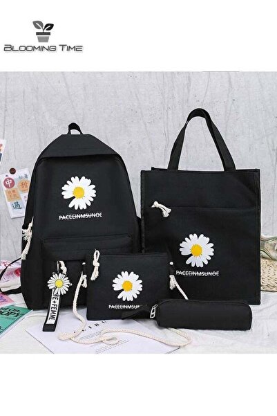 BLOOMING TIME 4-Piece Small Daisy Schoolbag Set, Large Capacity - Black